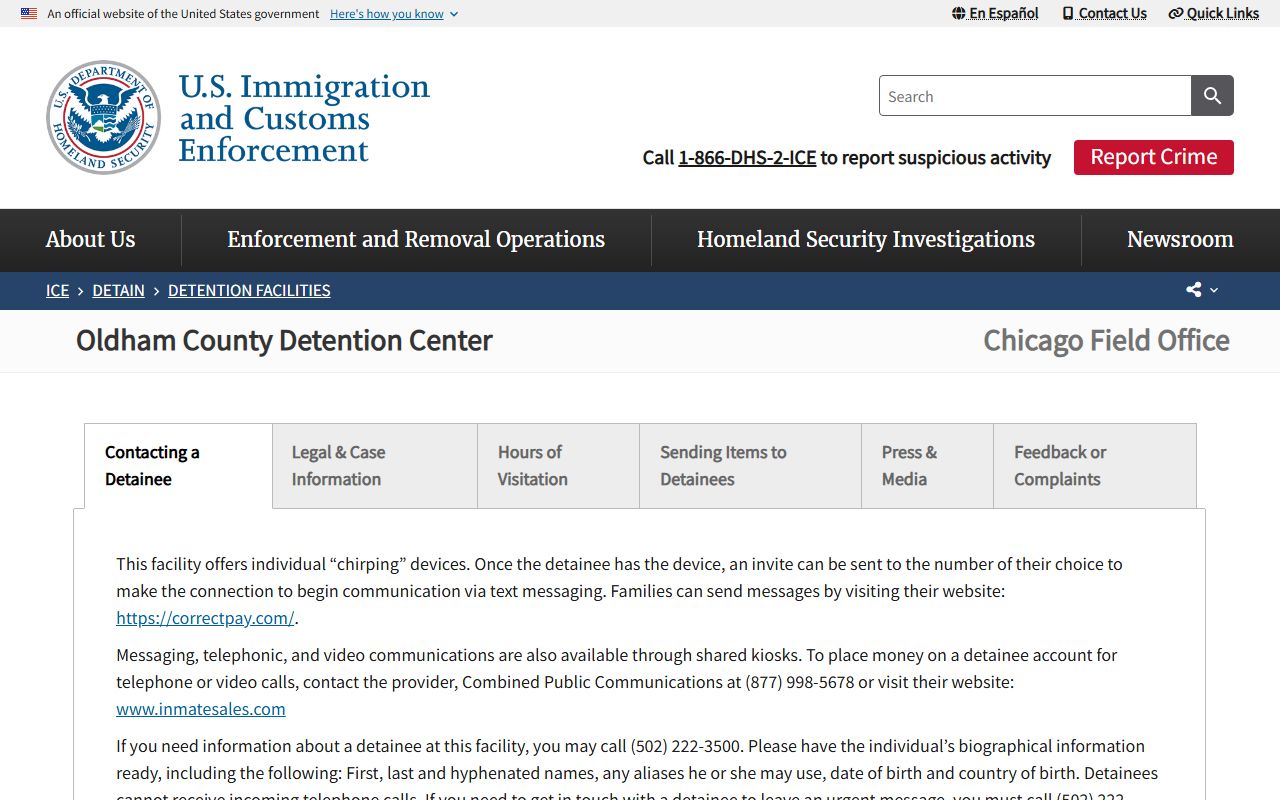 Oldham County Detention Center ICE detainee information page