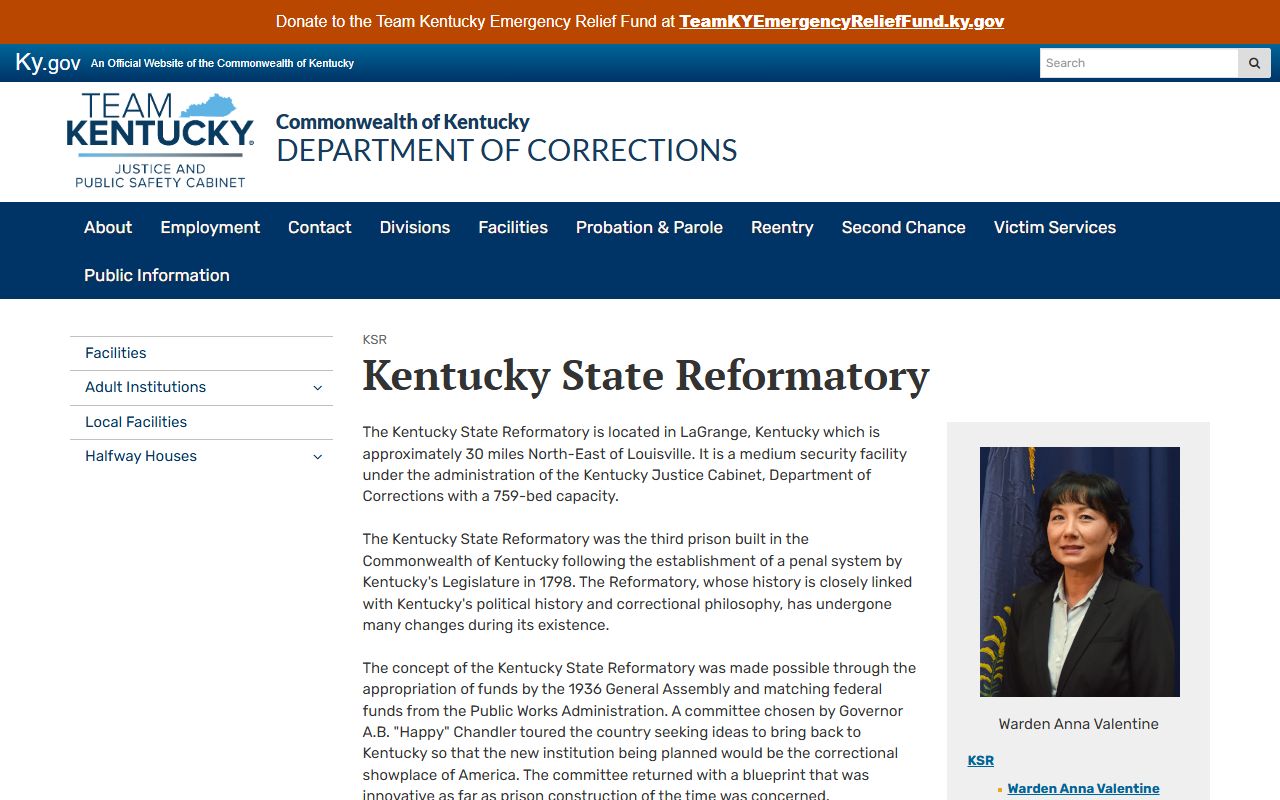 Kentucky State Reformatory inmate lookup facility page