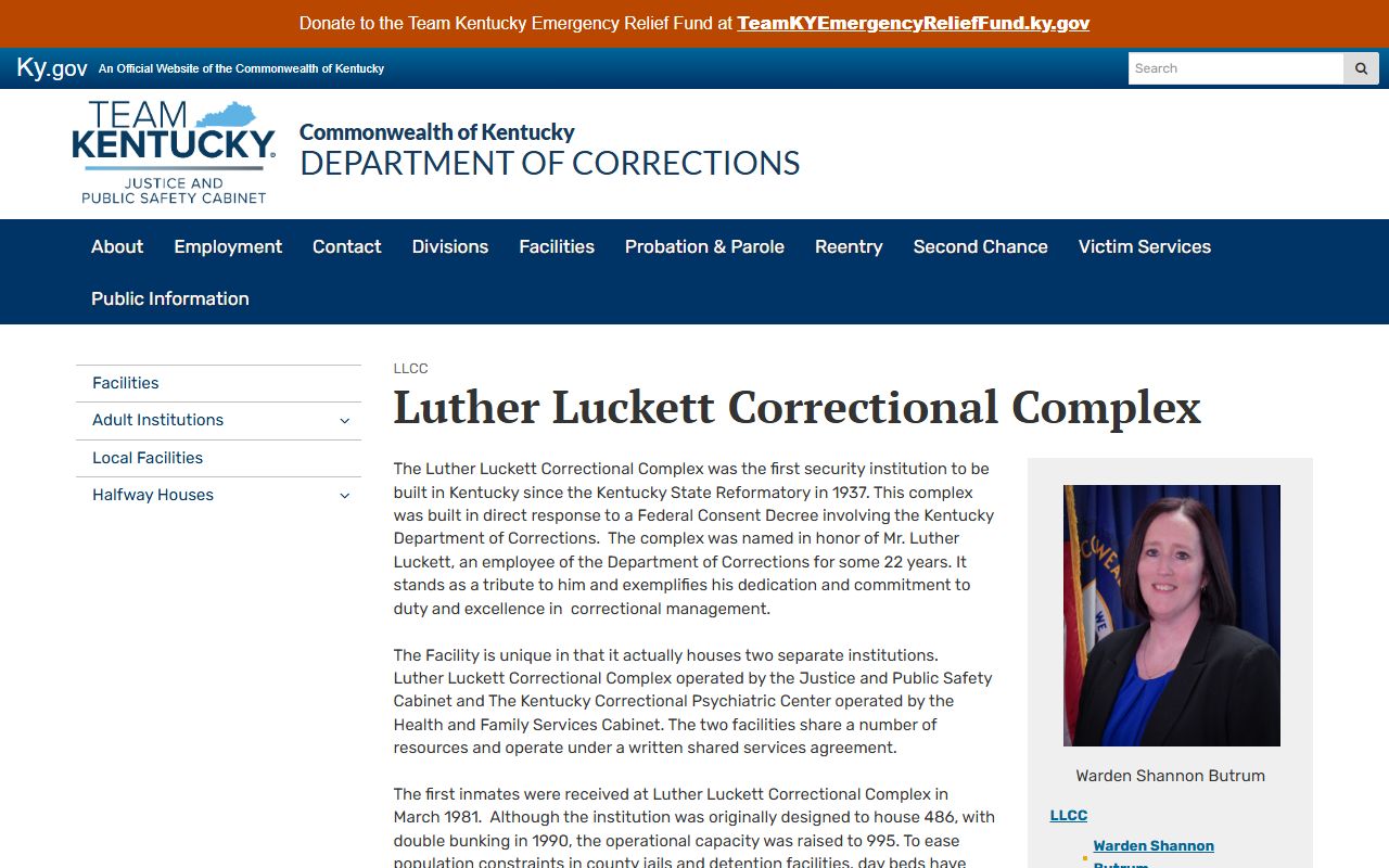 Luther Luckett Correctional Complex inmate custody search facility page
