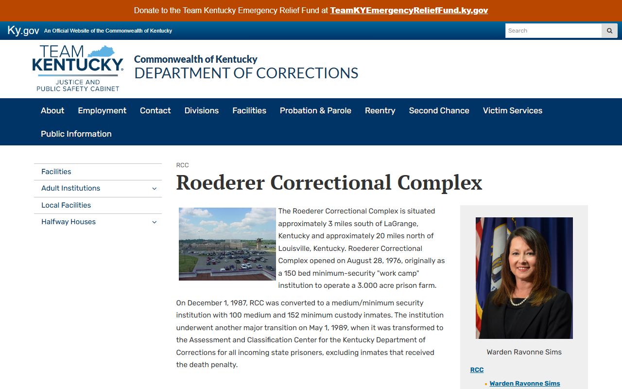Roederer Correctional Complex inmate search facility page